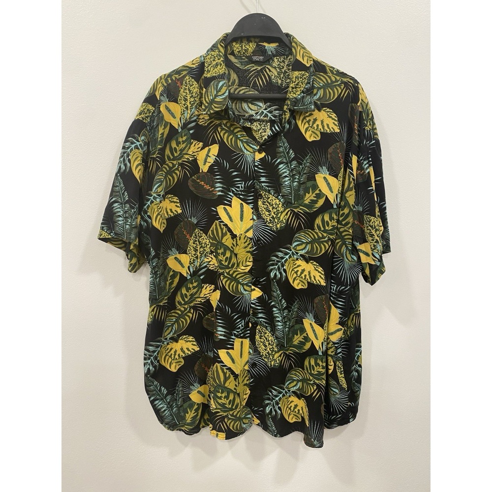 Coofandy men's Hawaiian button down shirt Black Yellow floral foliage size XXL